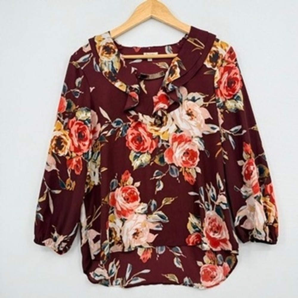 Lily White Floral Blouse Women Large Burgundy Ruffle Cottagecore Fall Vibes